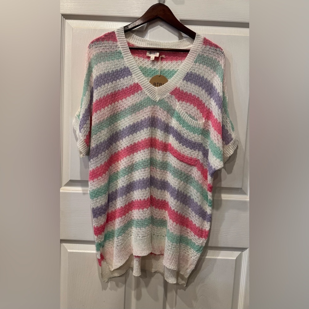 NWT Bibi White/Multicolor Striped Short Sleeve Sweater Women's Size L  Oversized